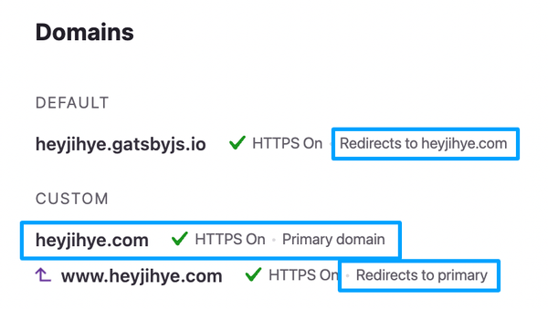 Gatsby Cloud 도메인 설정 화면. gatsby.io 서브도메인도 커스텀 도메인으로 리다이렉트 할 수 있어요.