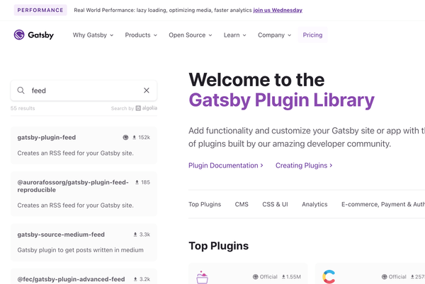 "feed" 키워드로 검색하니 55개 Gatsby 플러그인이 있어요 (2023.4.20 기준)