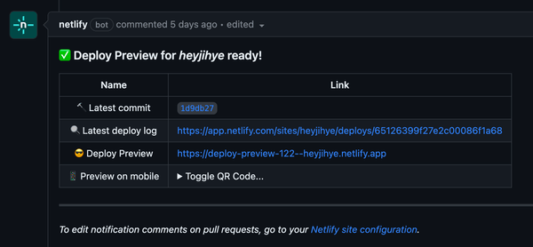 배포 브랜치에 PR이 생성되면 자동으로 Netlify 프리뷰가 만들어져요. GitHub PR 댓글 캡쳐