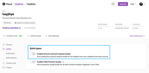 Gatsby Cloud 사이트 설정에서 브랜치 변경에 따른 자동 빌드 기능을 비활성화해요.